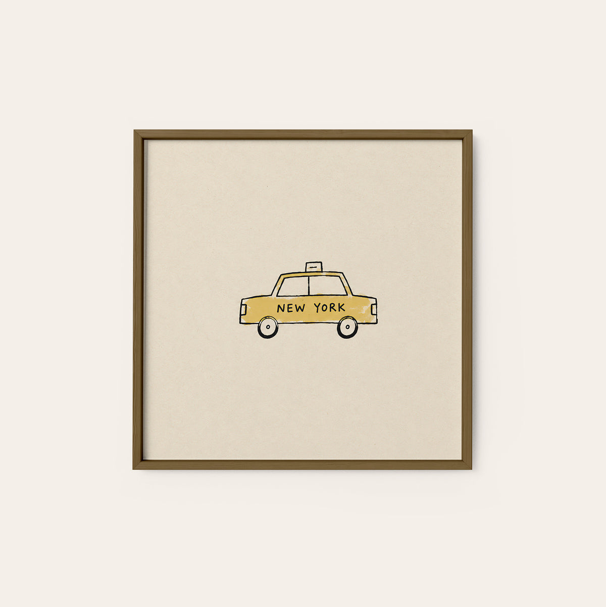 New York Yellow Taxi square art print — dark wood frame