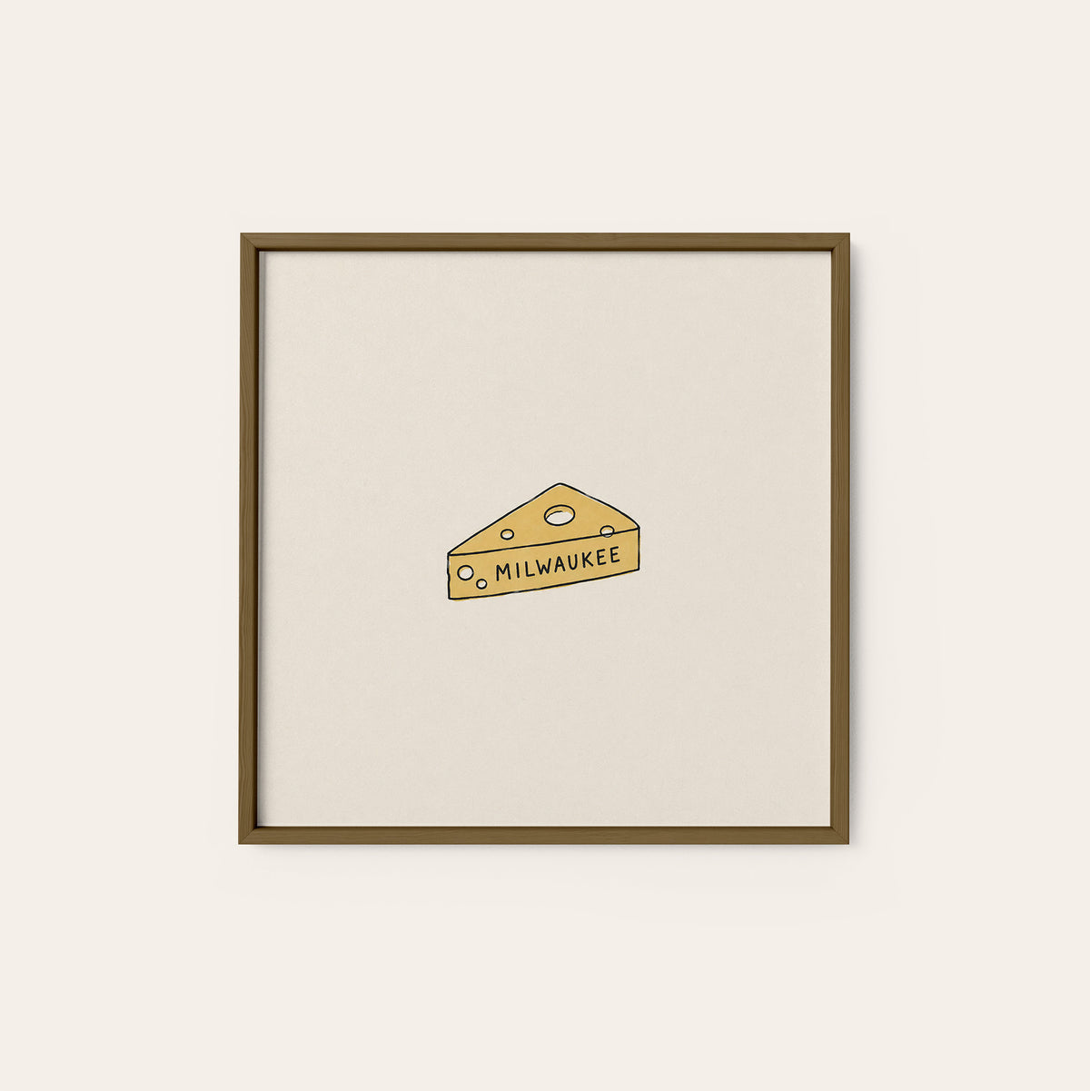 Milwaukee Cheese Wedge square art print — dark wood frame