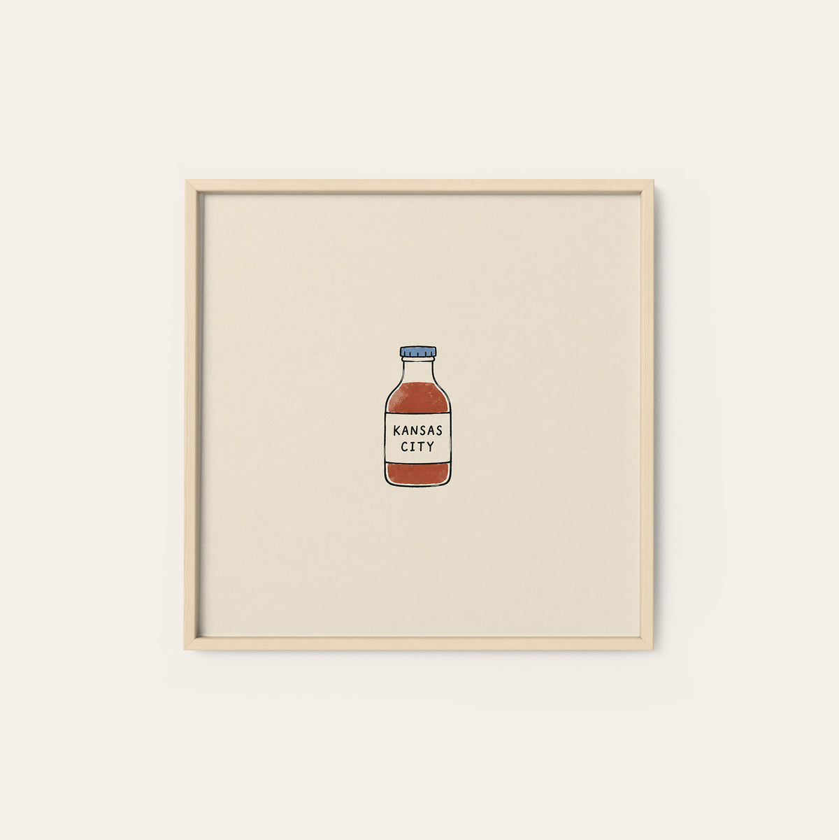 Kansas City BBQ Sauce square art print — natural wood frame