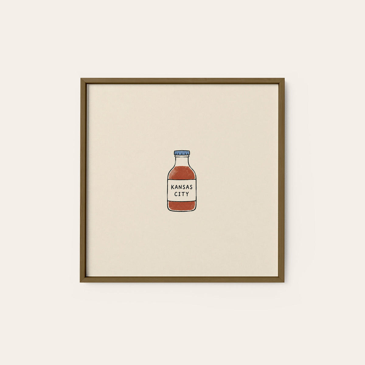 Kansas City BBQ Sauce square art print — dark wood frame