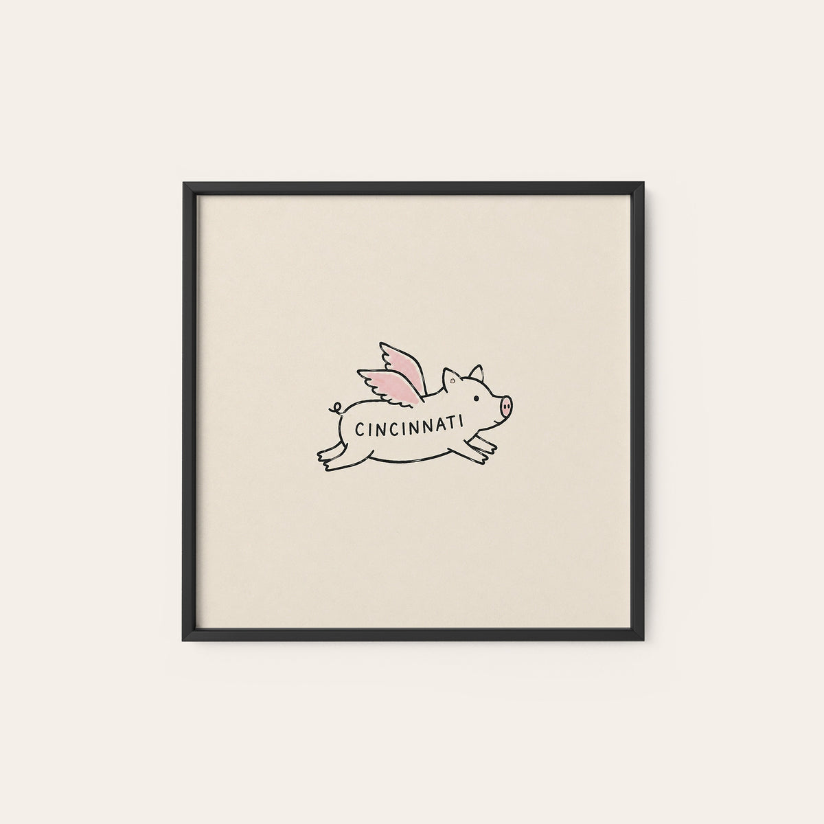 Cincinnati Flying Pig square art print — black frame