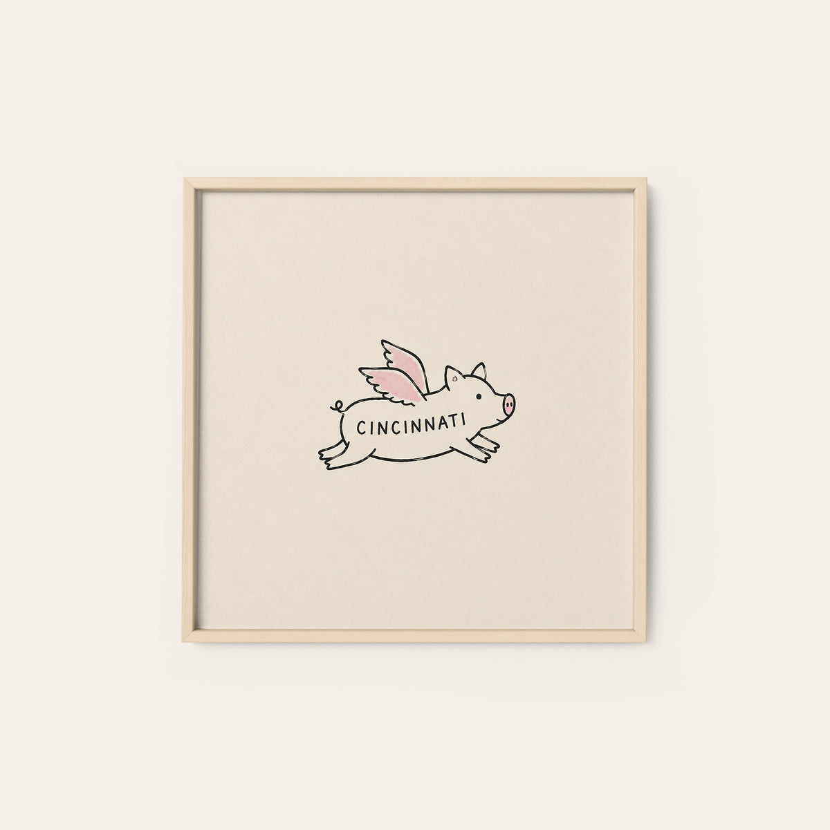 Cincinnati Flying Pig square art print — natural wood frame