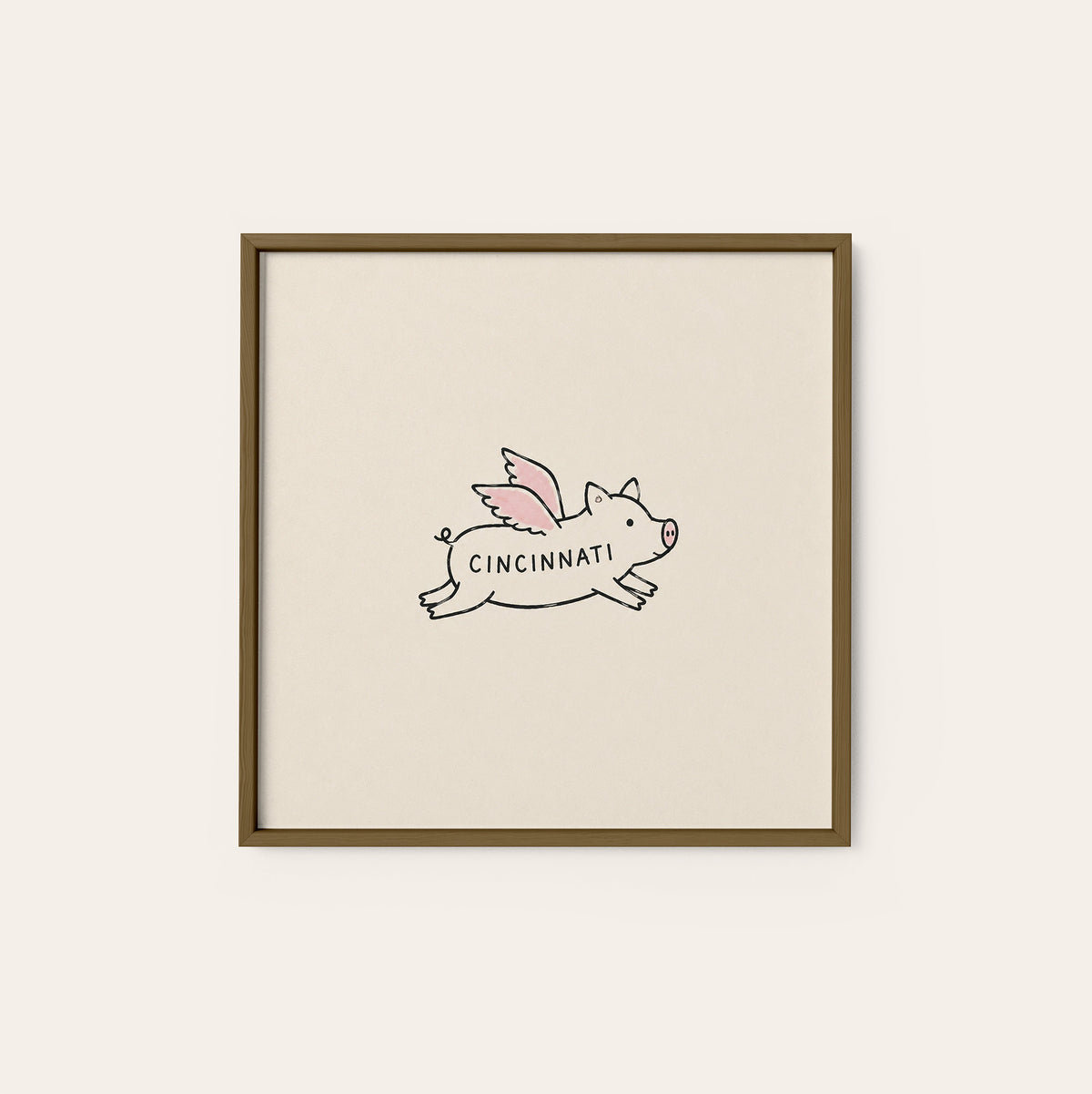 Cincinnati Flying Pig square art print — dark wood frame