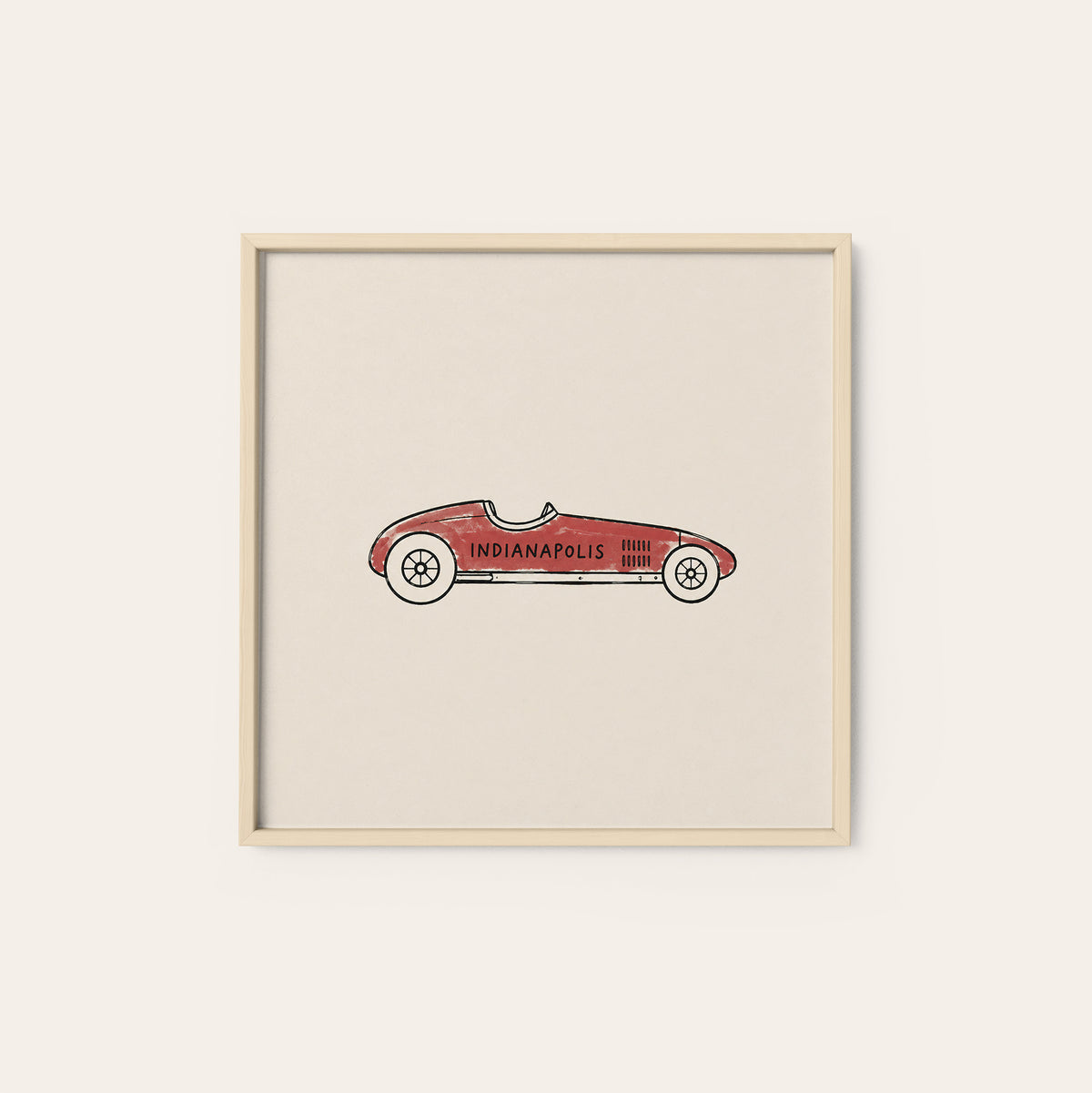 Indianapolis Vintage Race Car square art print — natural wood frame