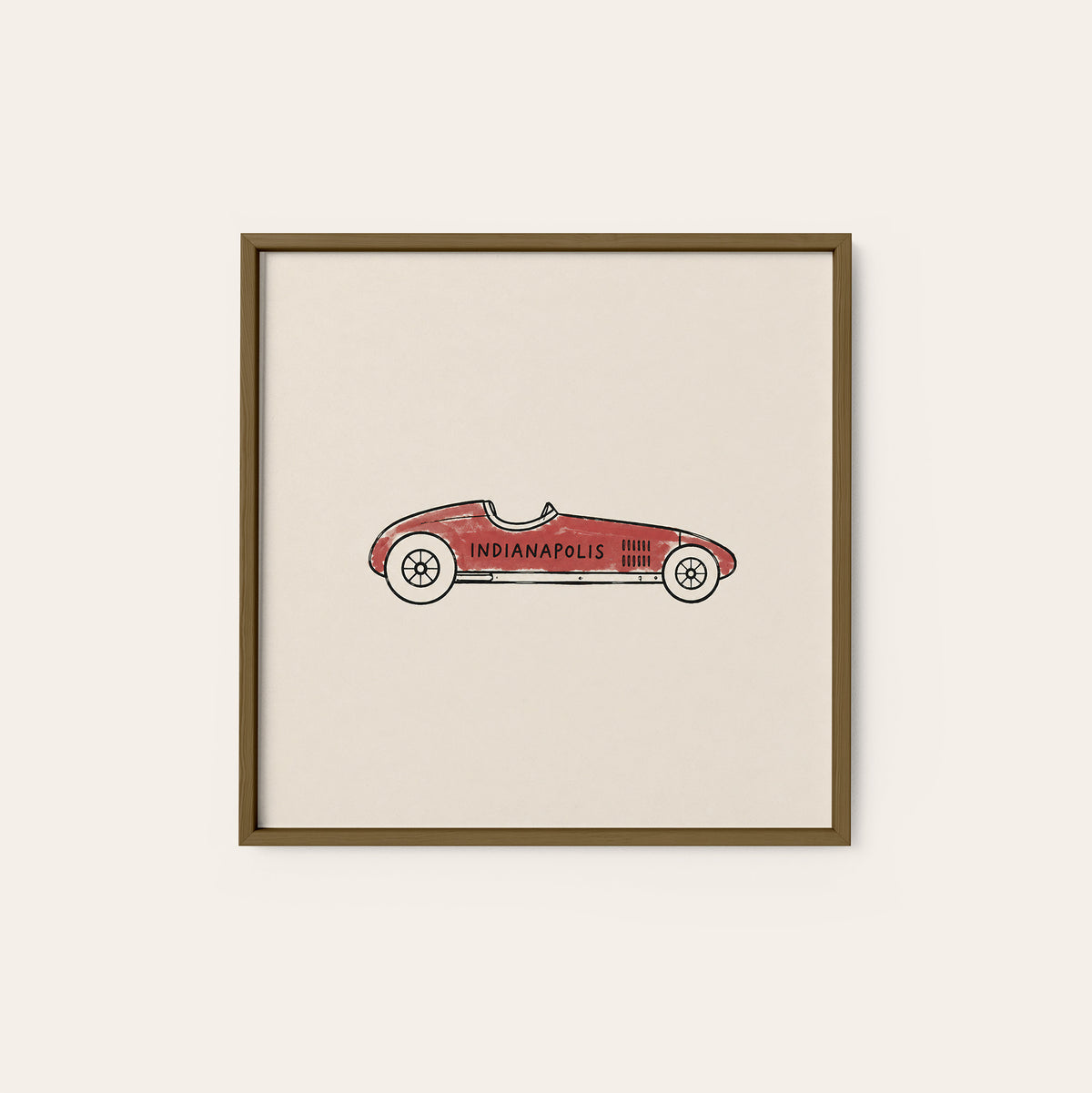 Indianapolis Vintage Race Car square art print — dark wood frame