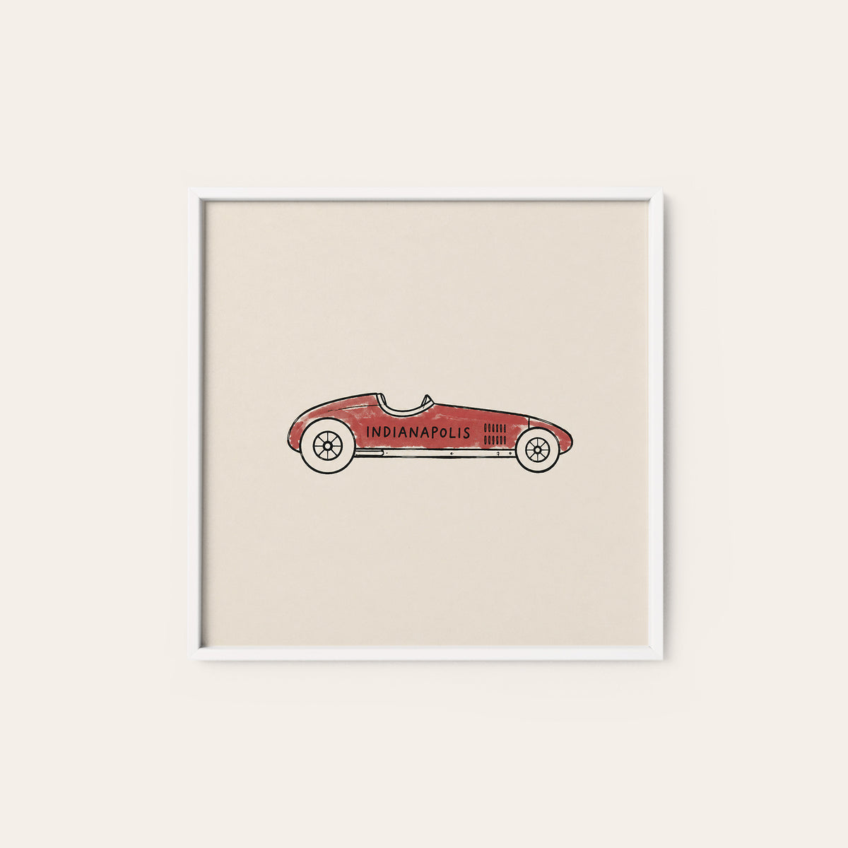 Indianapolis Vintage Race Car square art print — white frame