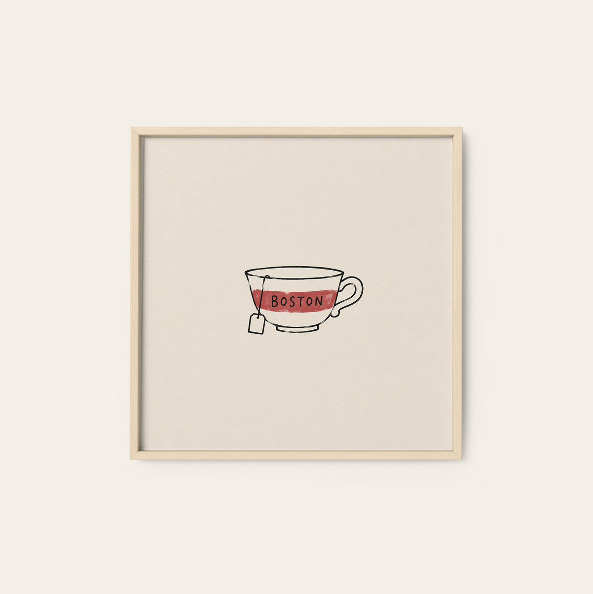Boston Tea Cup square art print — natural wood frame