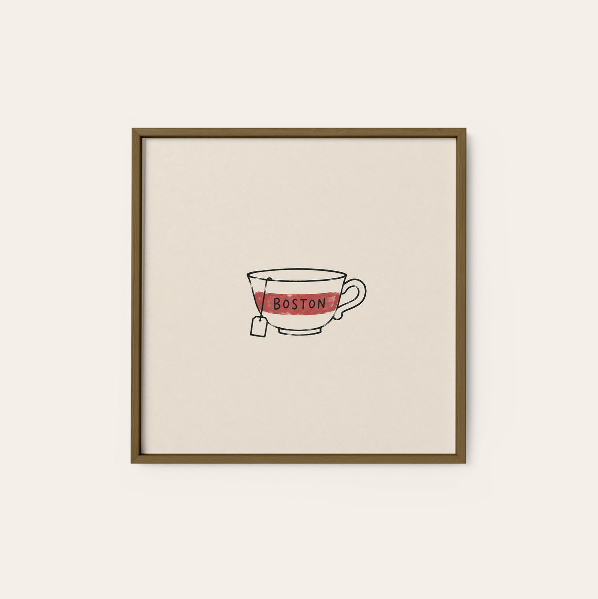 Boston Tea Cup square art print — dark wood frame