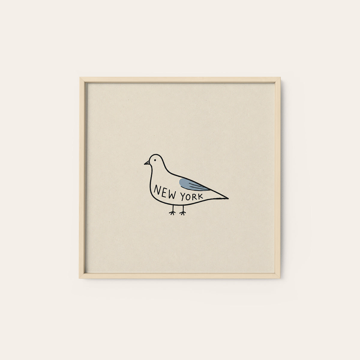 New York Pigeon square art print — natural wood frame