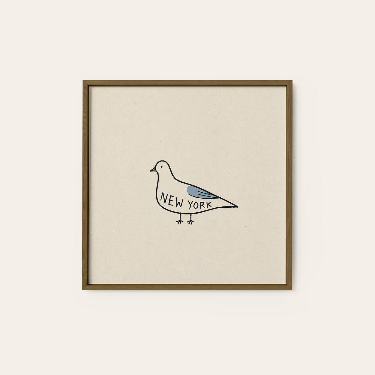 New York Pigeon square art print — dark wood frame