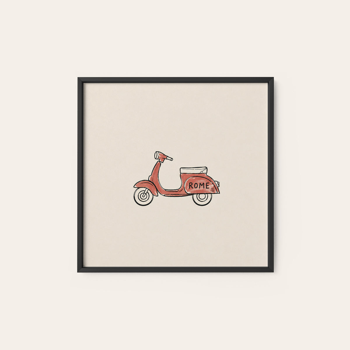 Rome Red Scooter square art print — black frame