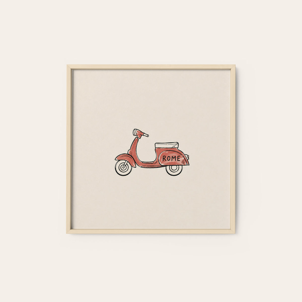 Rome Red Scooter square art print — natural wood frame