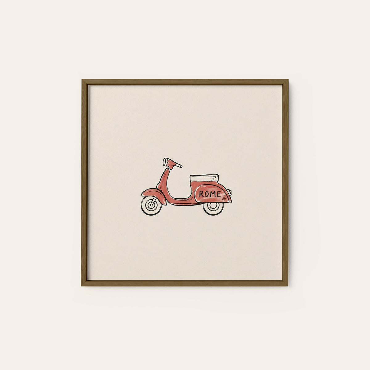 Rome Red Scooter square art print — dark wood frame