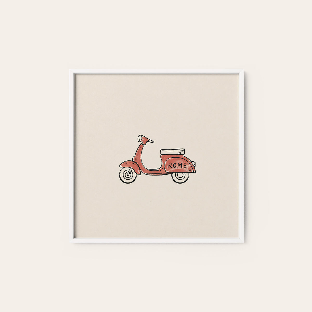 Rome Red Scooter square art print — white frame