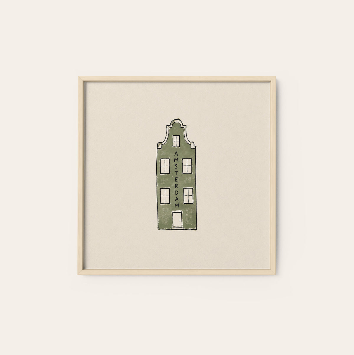 Amsterdam Canal House square art print — natural wood frame