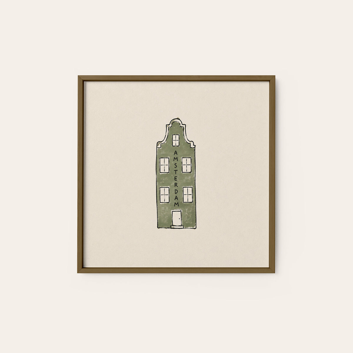 Amsterdam Canal House square art print — dark wood frame