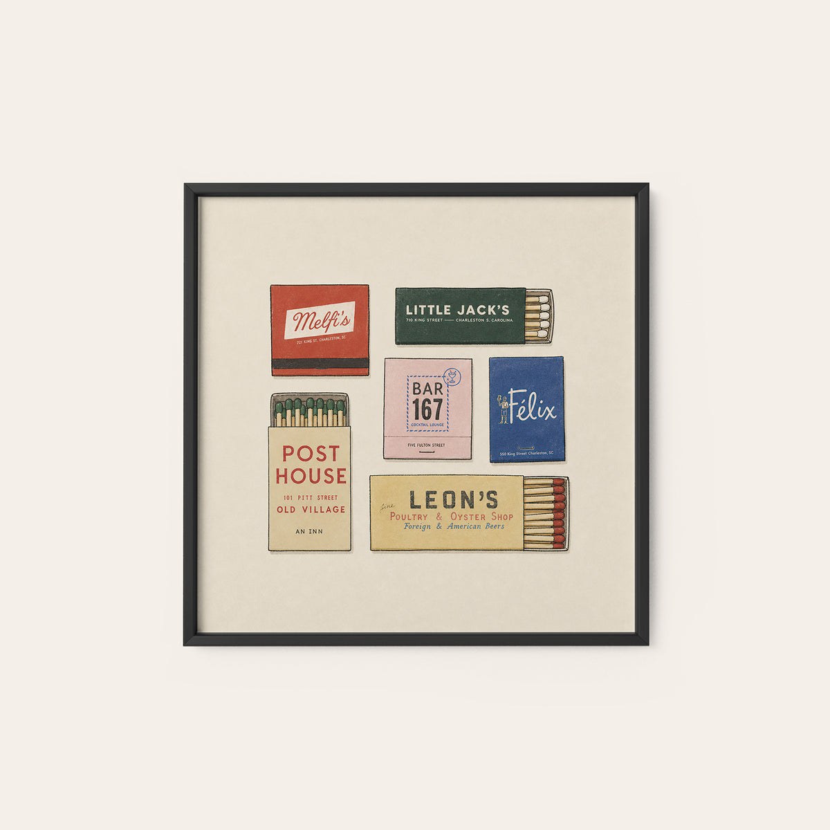 Charleston Six Matchboxes square art print — black frame