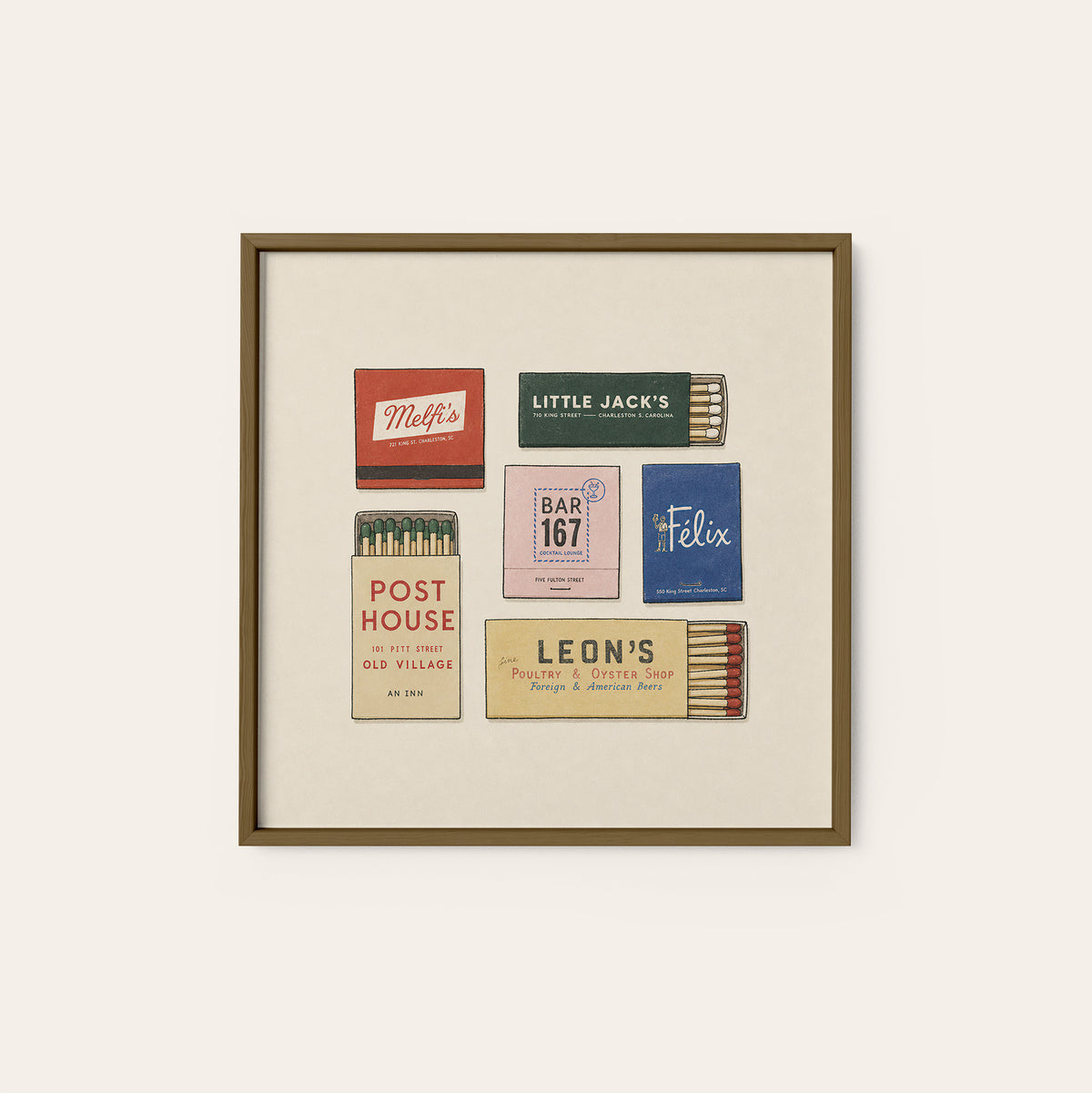 Charleston Six Matchboxes square art print — dark wood frame