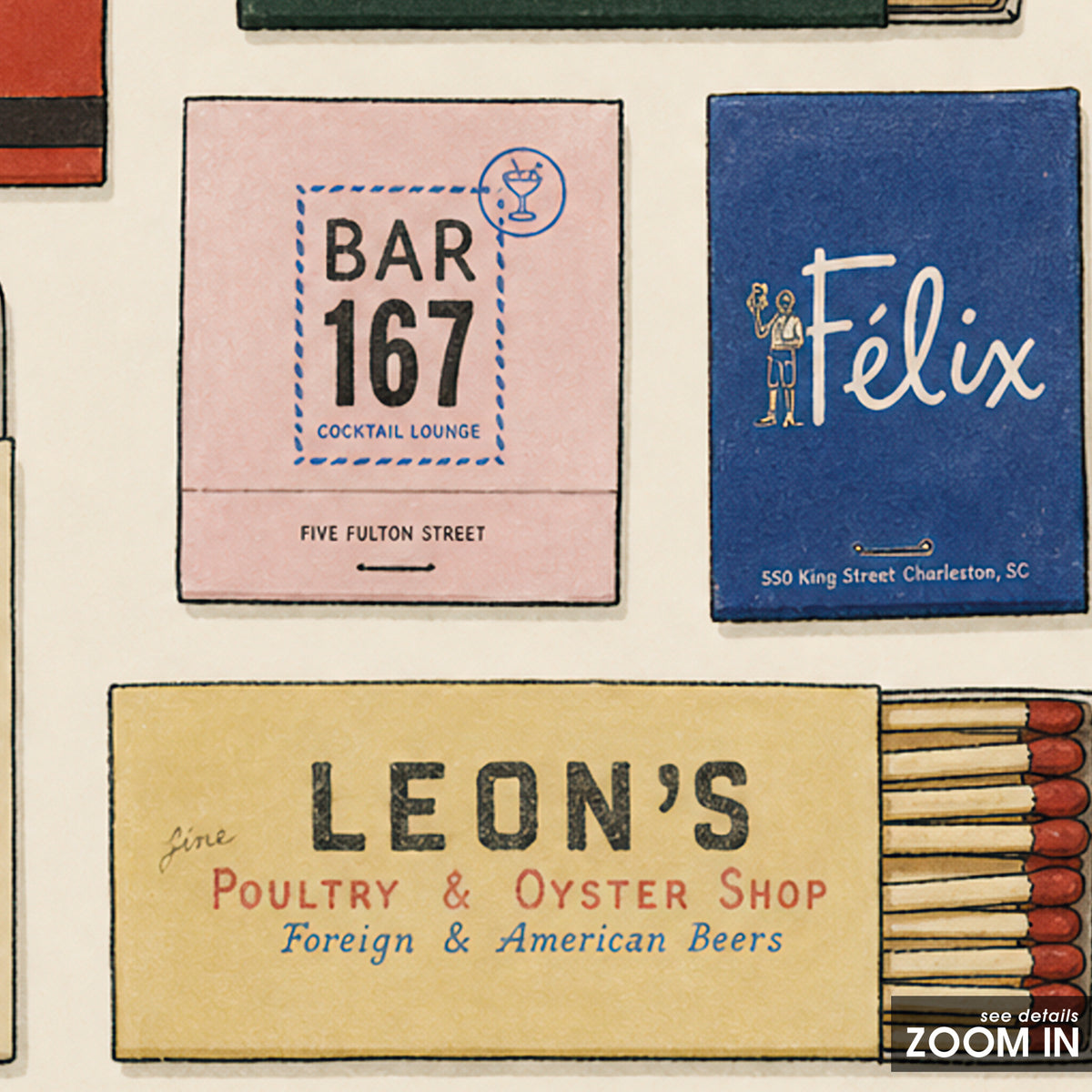 Charleston Six Matchboxes square art print — artwork detail