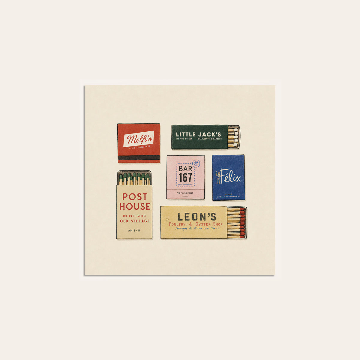 Charleston Six Matchboxes square art print — unframed print