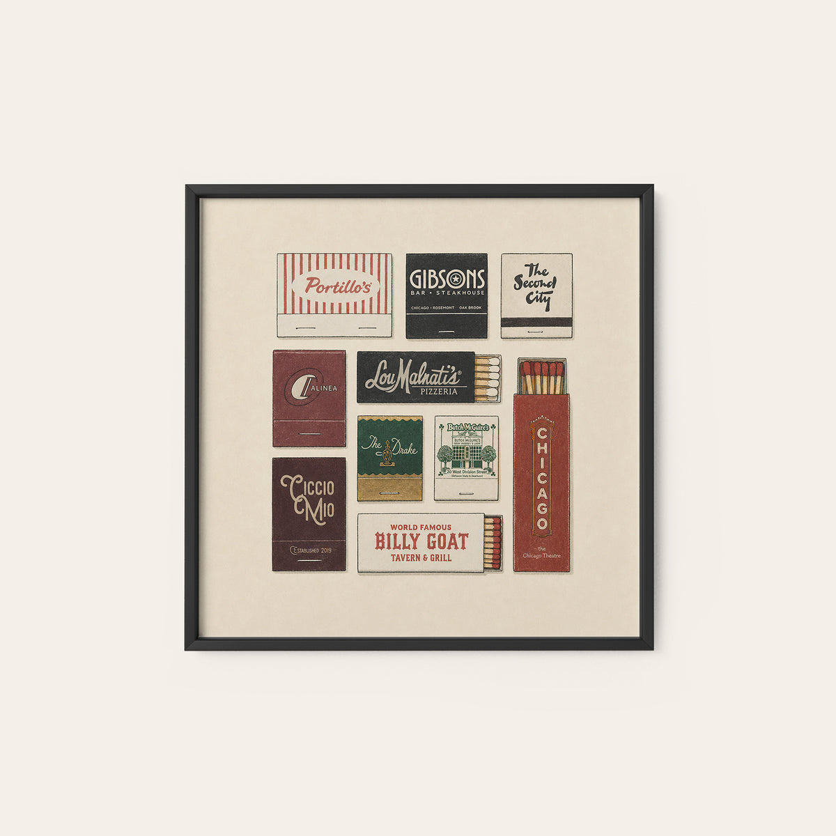 Chicago Restaurant Matchboxes square art print — black frame