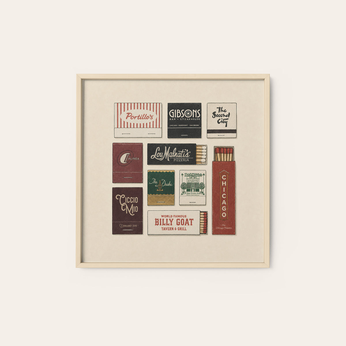 Chicago Restaurant Matchboxes square art print — natural wood frame