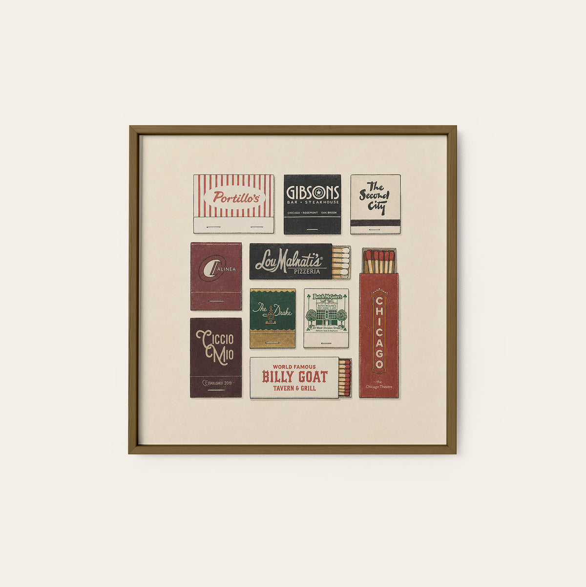Chicago Restaurant Matchboxes square art print — dark wood frame