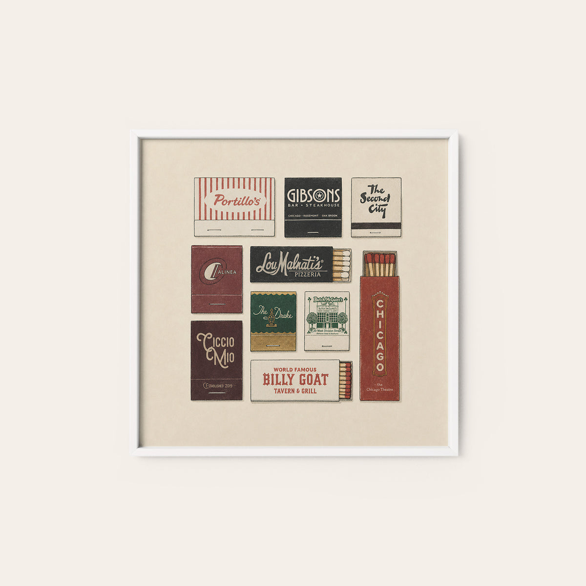 Chicago Restaurant Matchboxes square art print — white frame