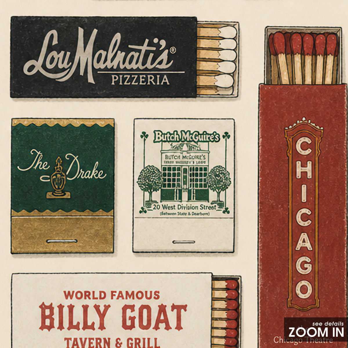 Chicago Restaurant Matchboxes square art print — artwork detail