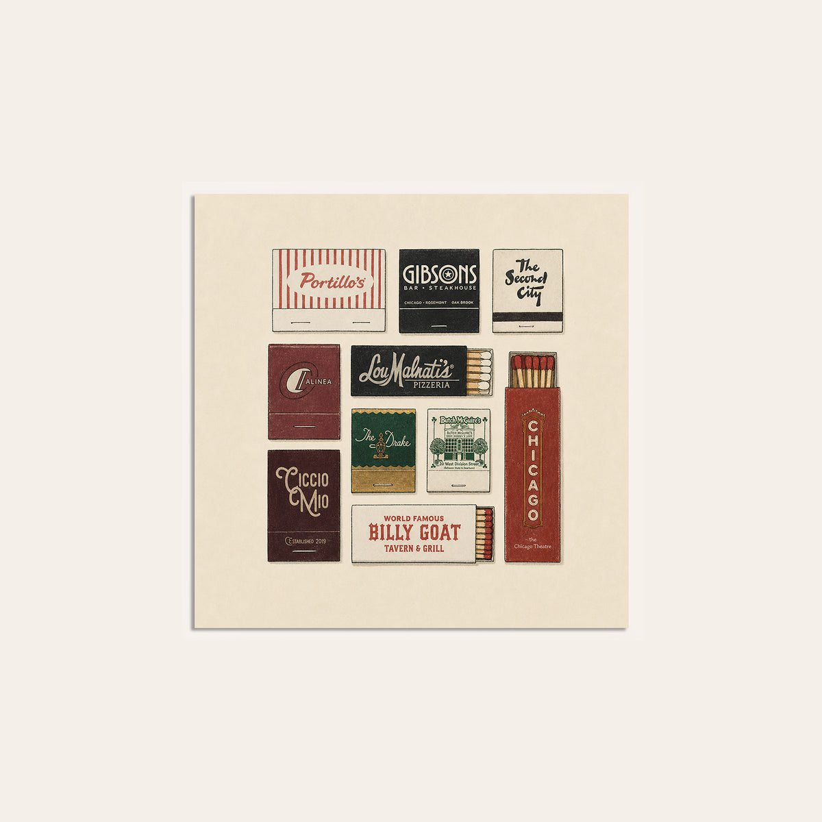 Chicago Restaurant Matchboxes square art print — unframed print