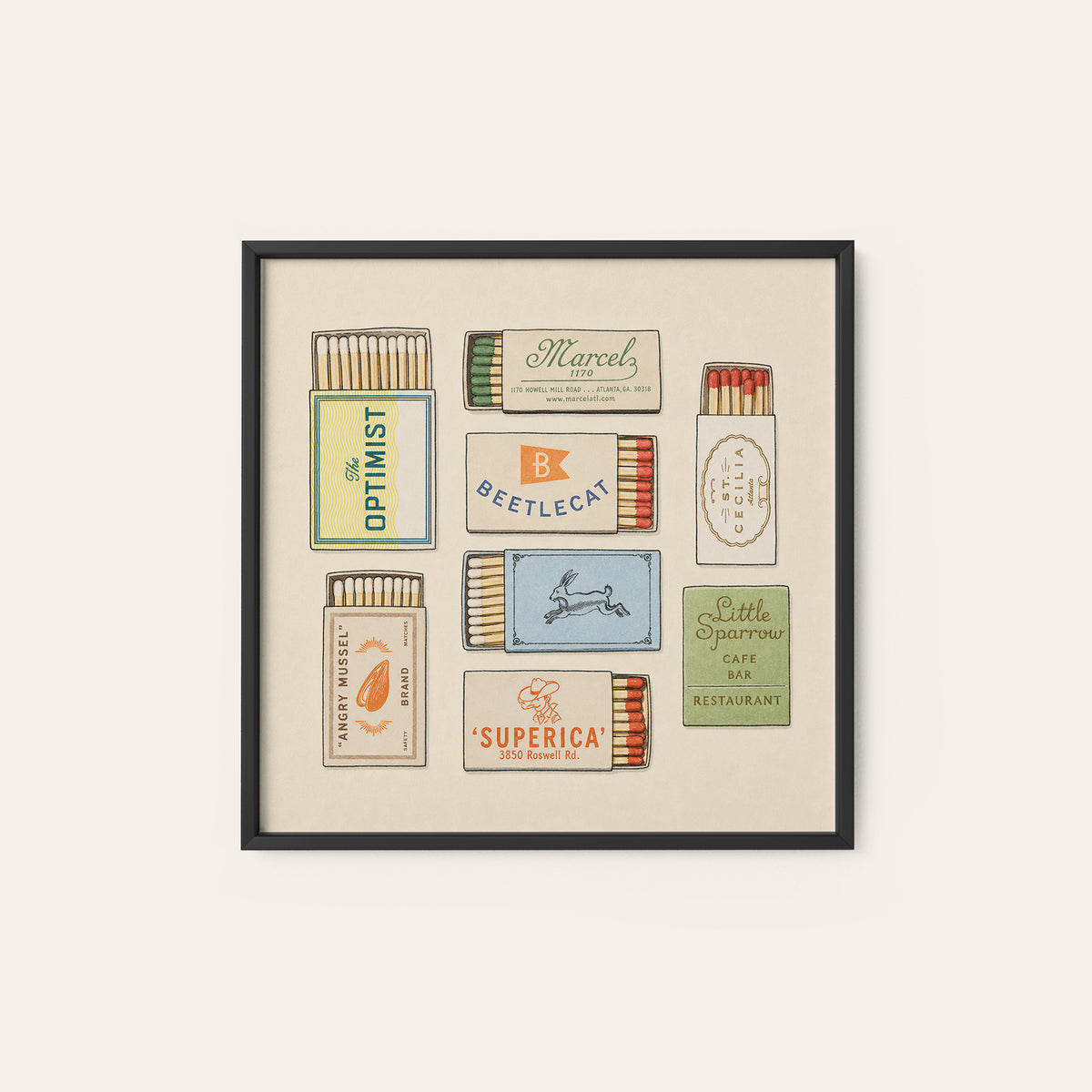 Atlanta Restaurant Matchbox Collection square art print — black frame