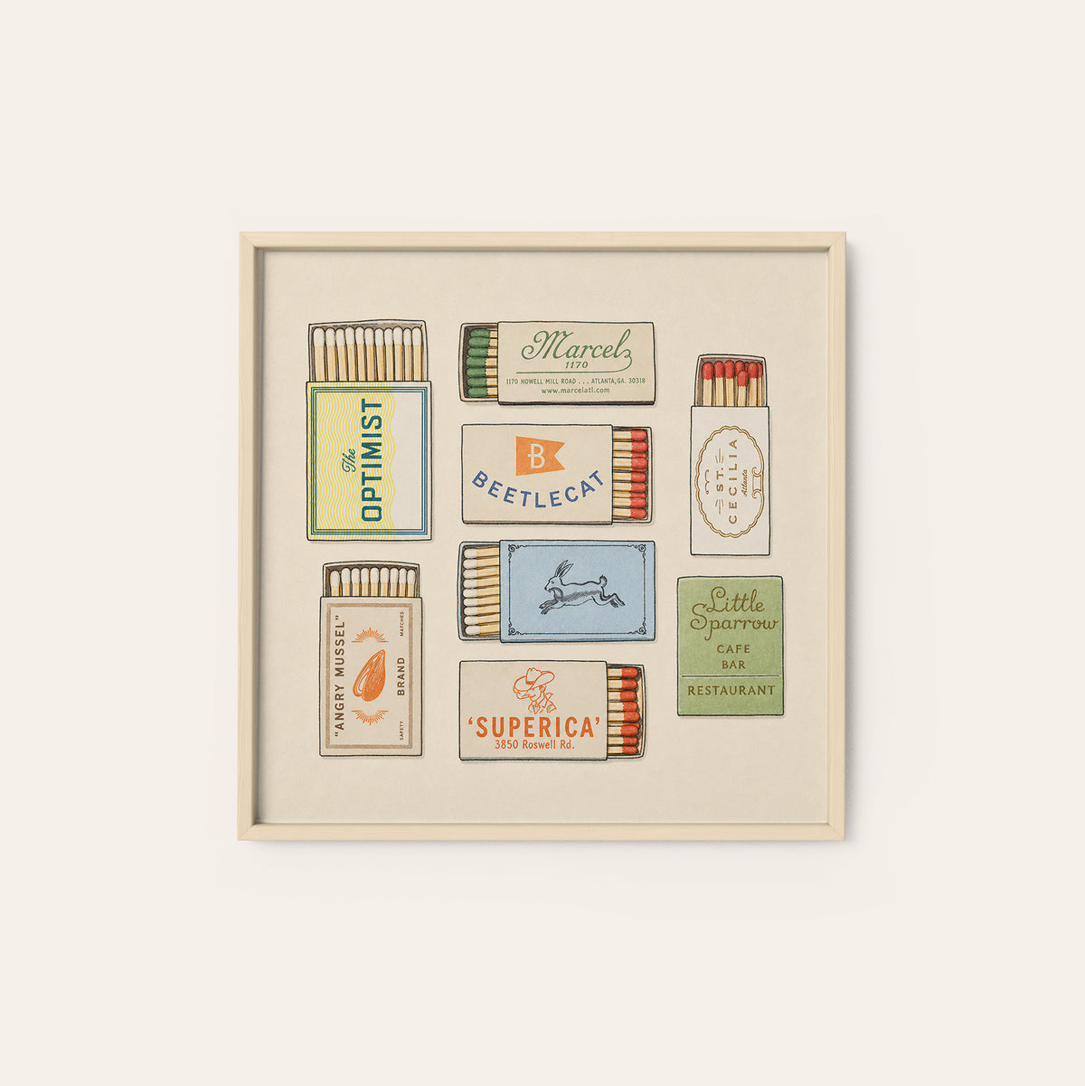 Atlanta Restaurant Matchbox Collection square art print — natural wood frame