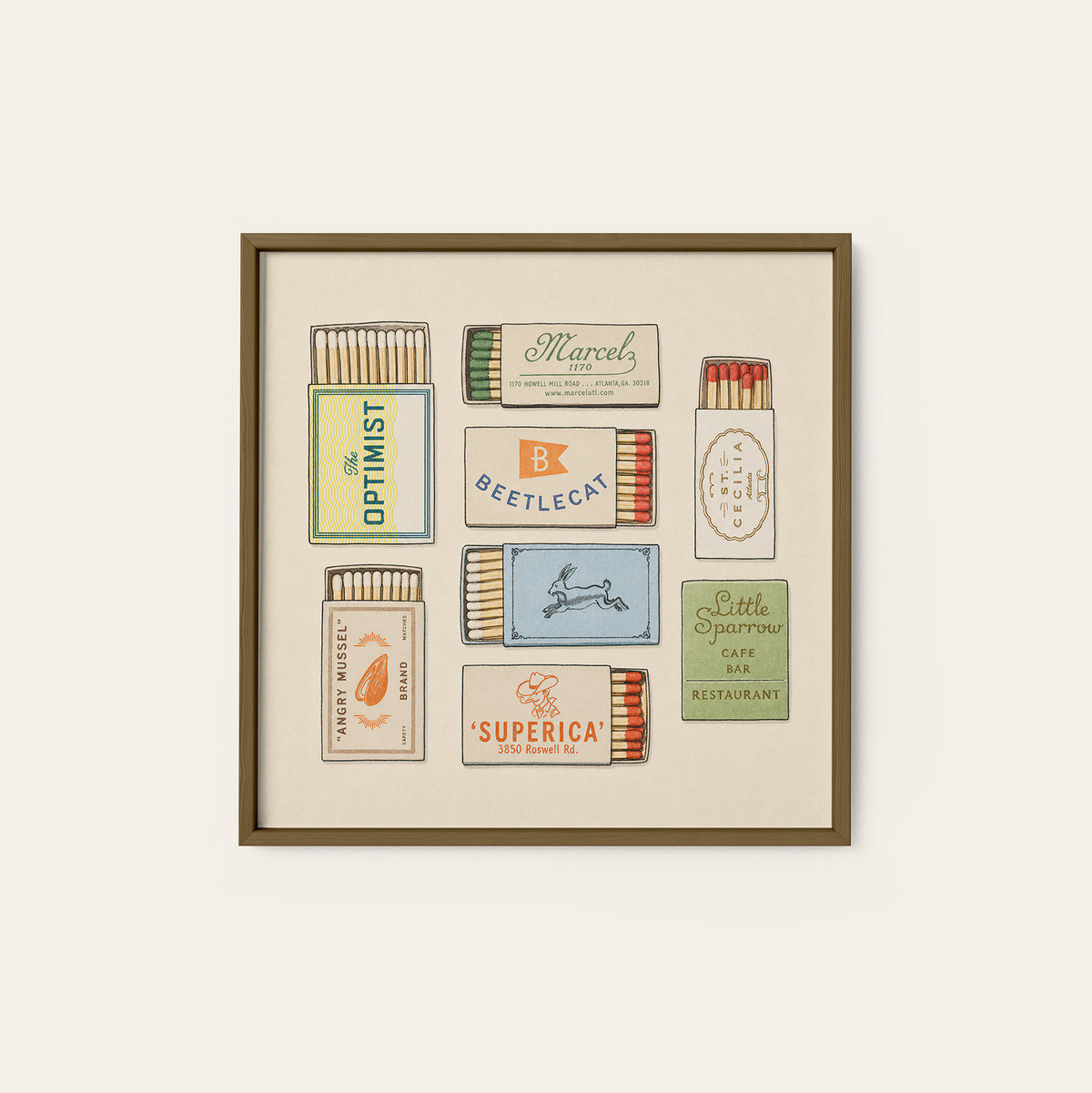 Atlanta Restaurant Matchbox Collection square art print — dark wood frame