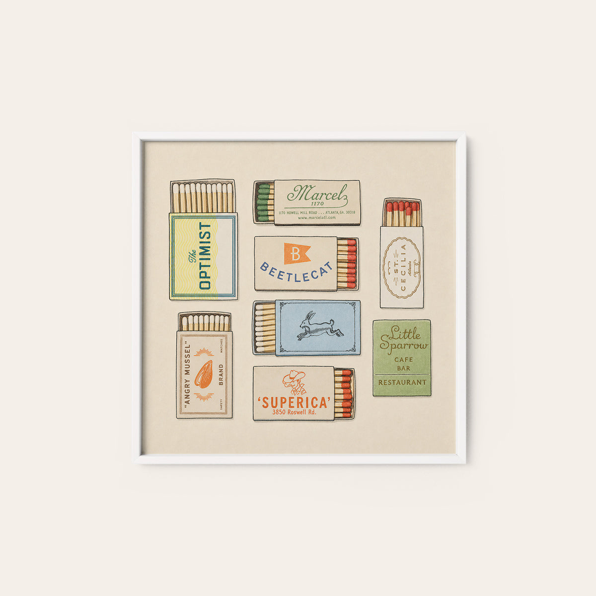 Atlanta Restaurant Matchbox Collection square art print — white frame