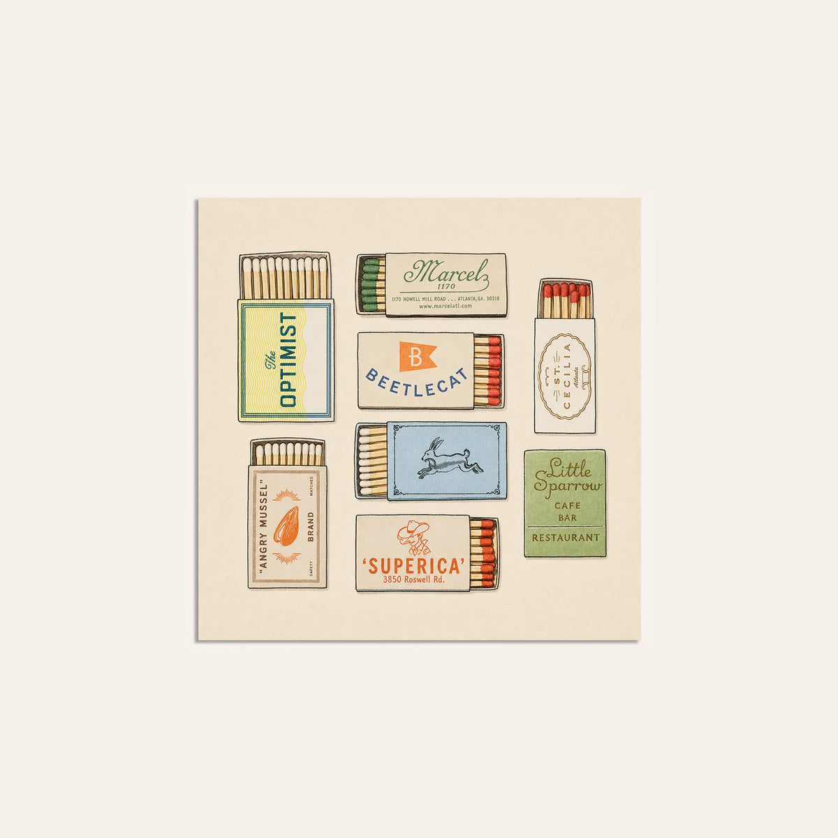 Atlanta Restaurant Matchbox Collection square art print — unframed print