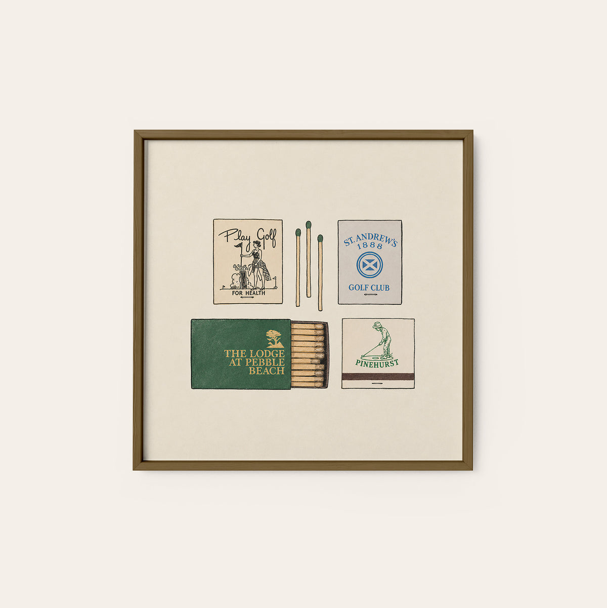 Golf Matchbox Collection square art print — dark wood frame