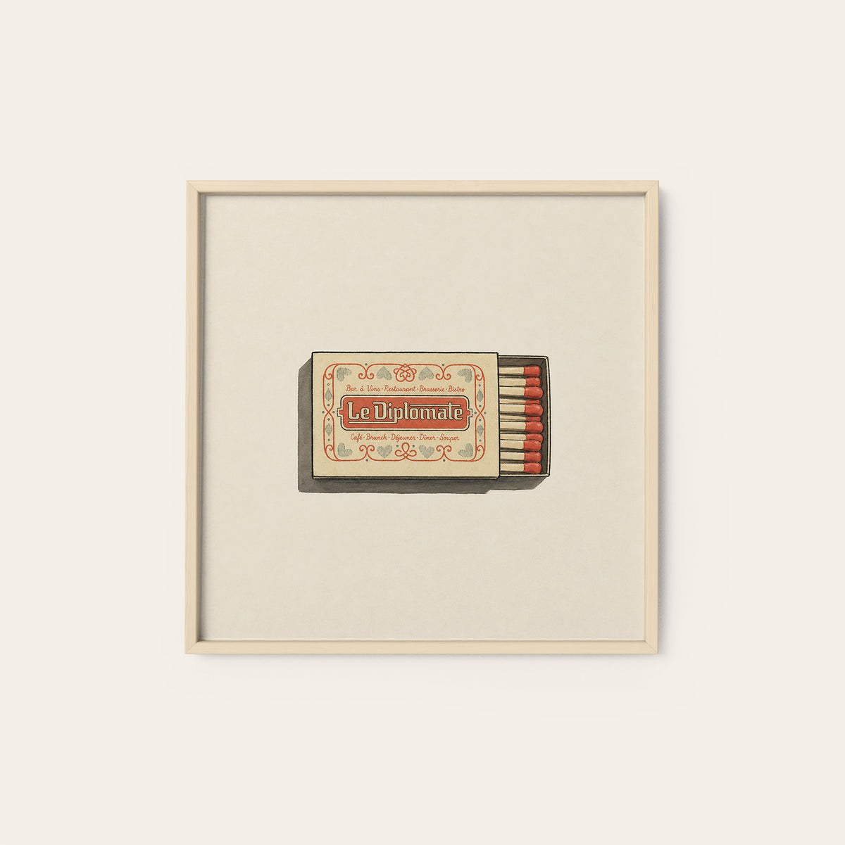 Le Diplomate Matchbox square art print — natural wood frame