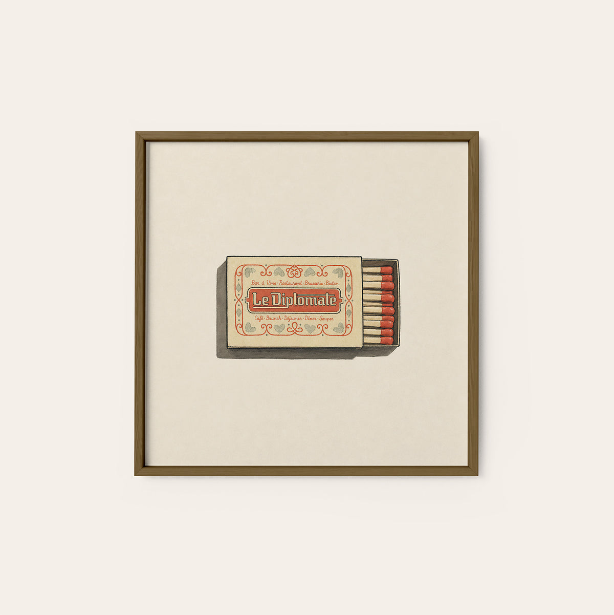 Le Diplomate Matchbox square art print — dark wood frame
