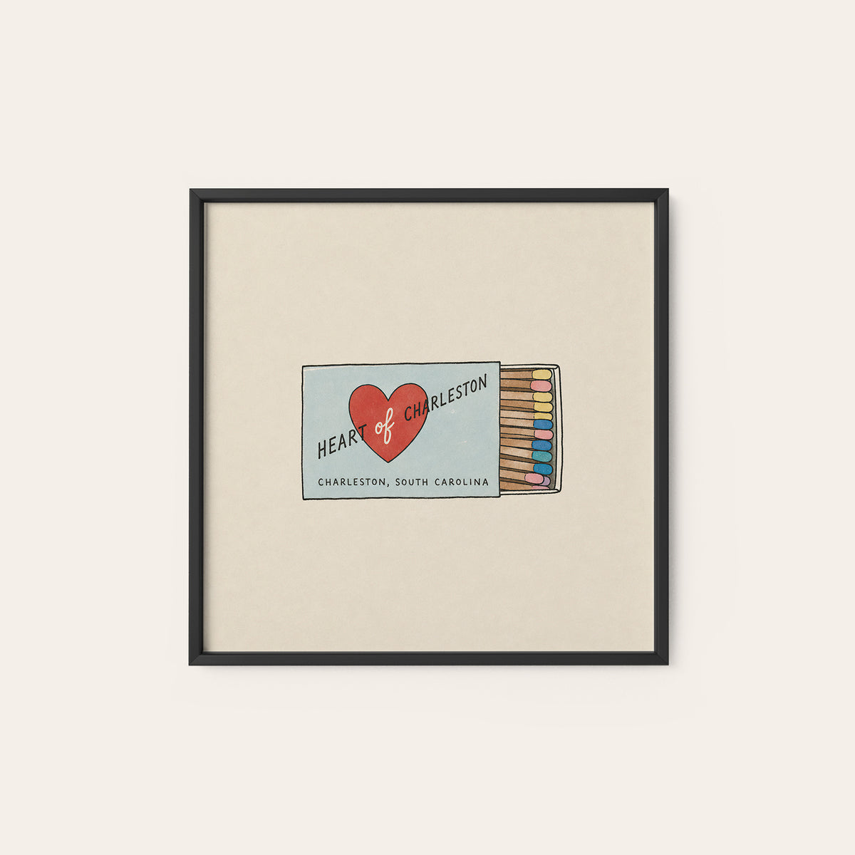 Heart of Charleston Matchbox square art print — black frame