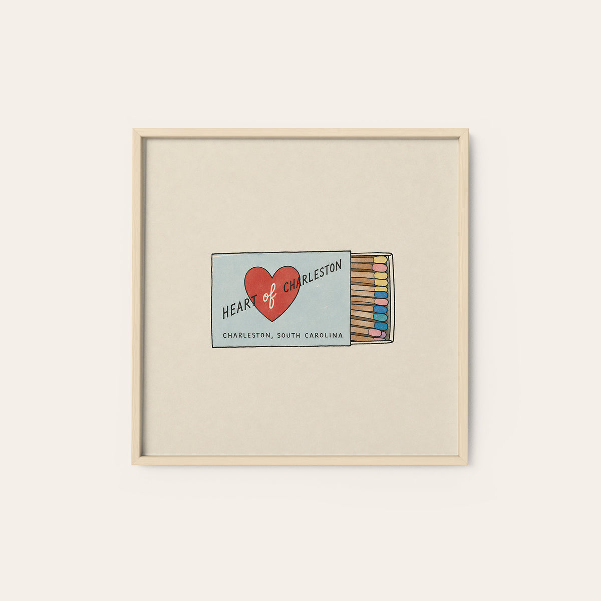 Heart of Charleston Matchbox square art print — natural wood frame