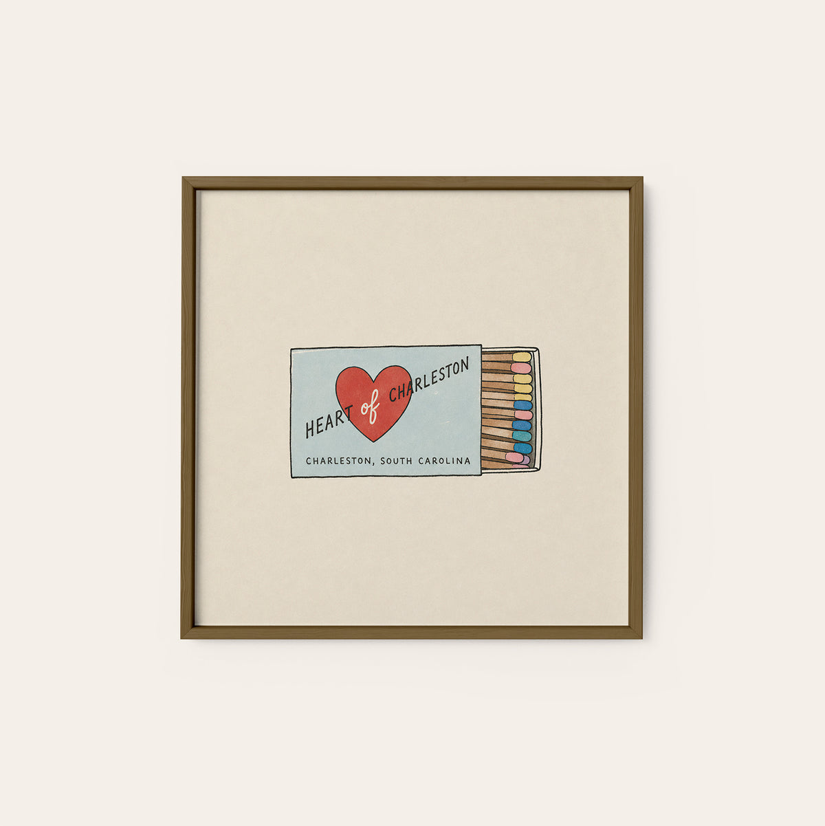 Heart of Charleston Matchbox square art print — dark wood frame