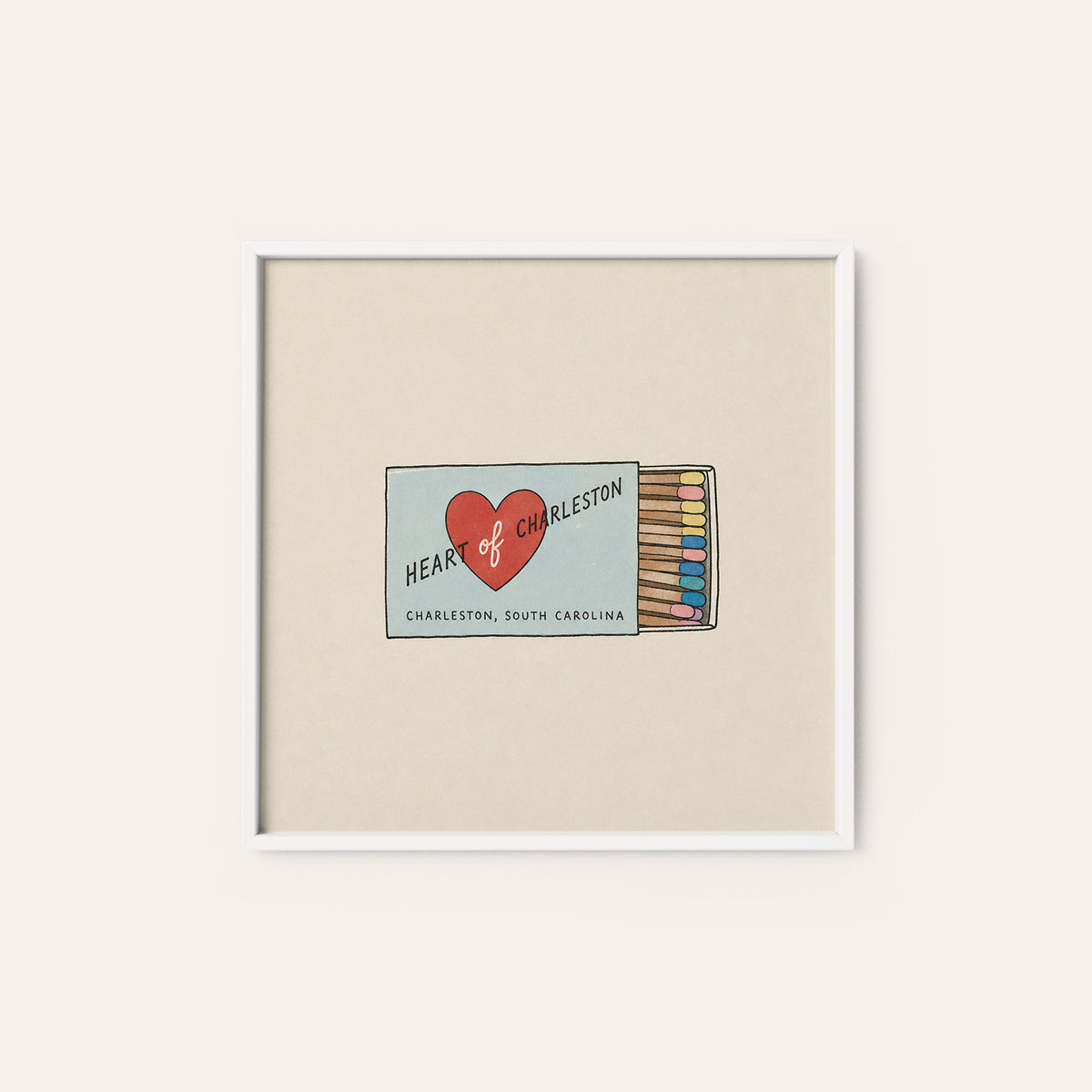 Heart of Charleston Matchbox square art print — white frame