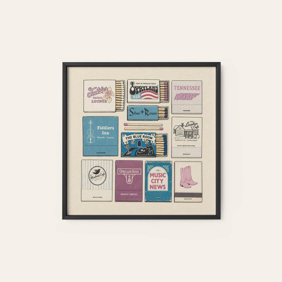 Nashville Music Venue Matchboxes square art print — black frame