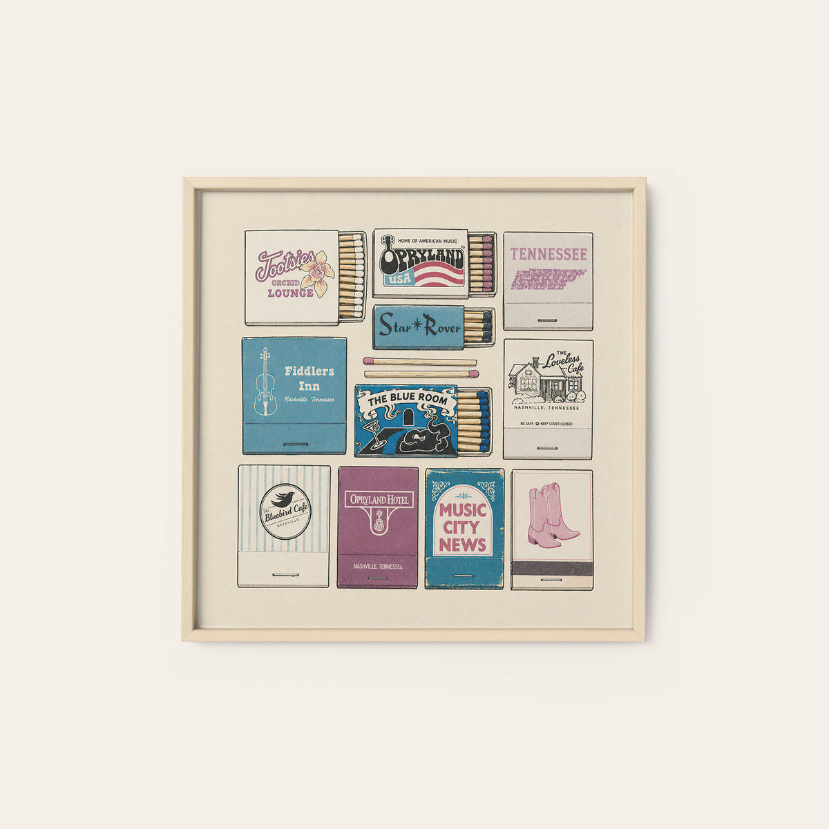 Nashville Music Venue Matchboxes square art print — natural wood frame