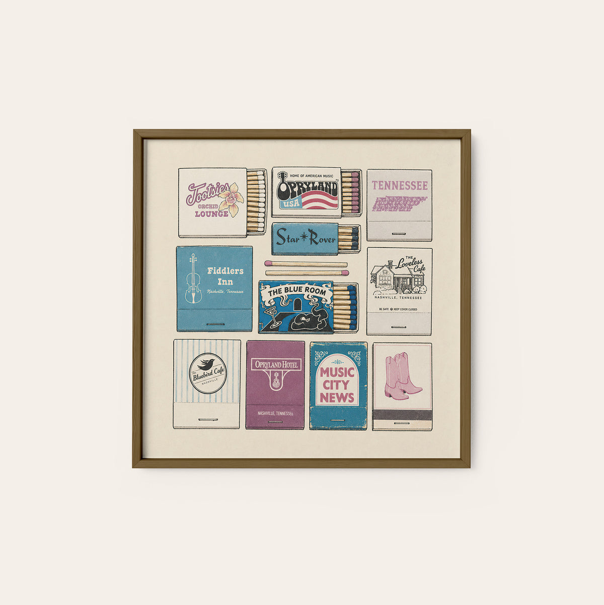 Nashville Music Venue Matchboxes square art print — dark wood frame