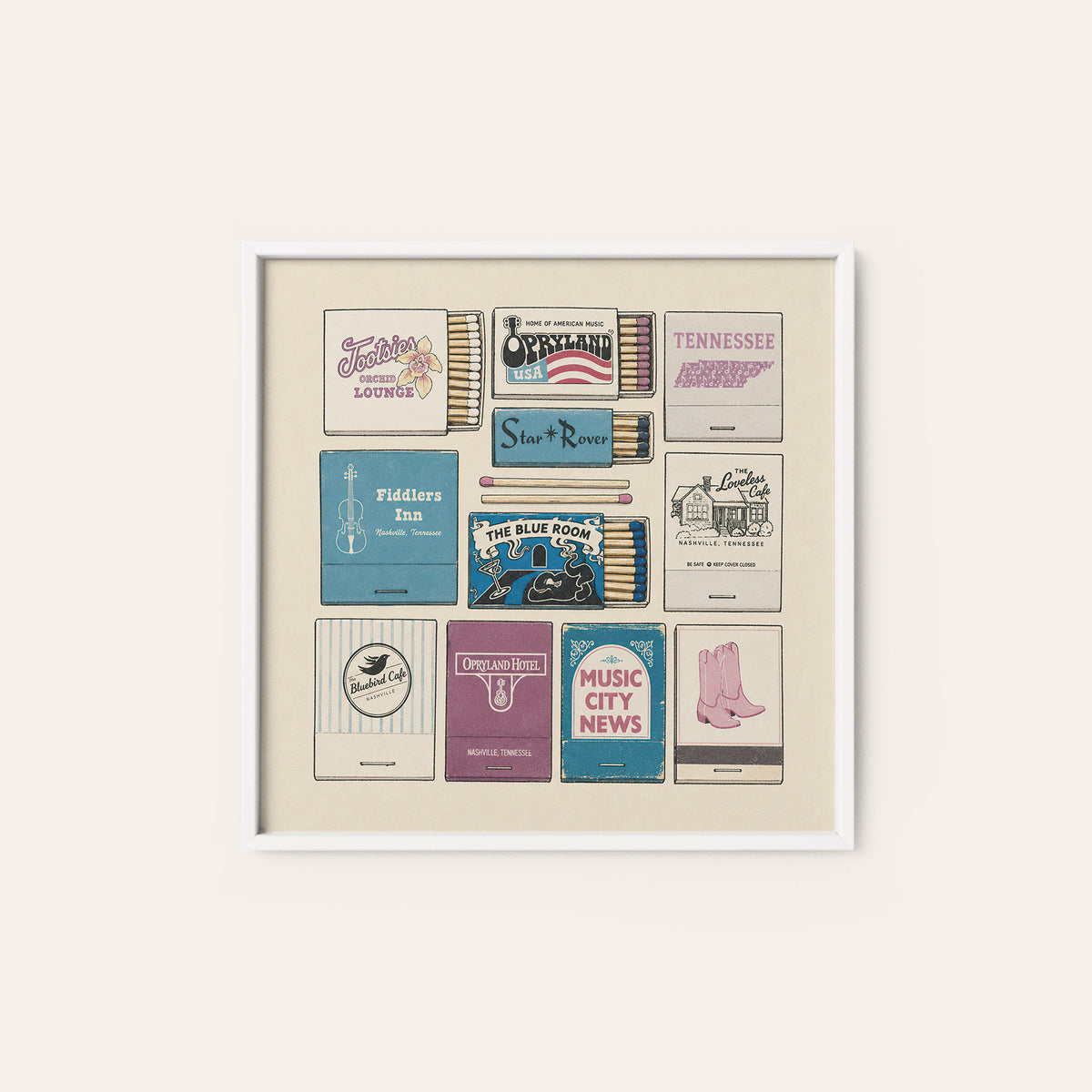 Nashville Music Venue Matchboxes square art print — white frame
