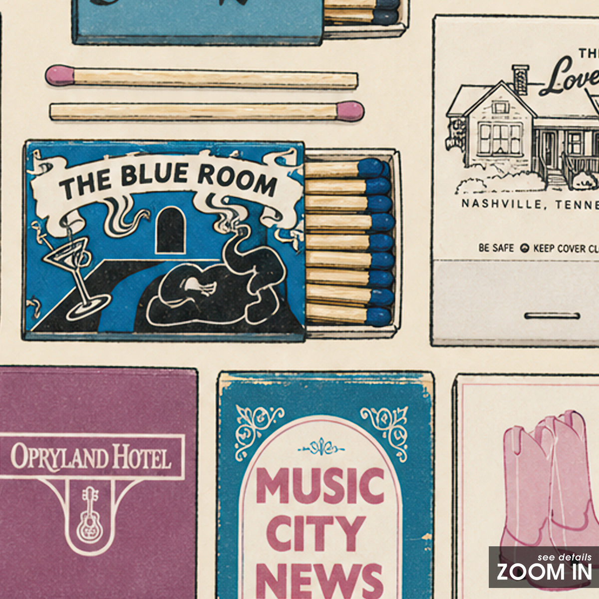 Nashville Music Venue Matchboxes square art print — artwork detail