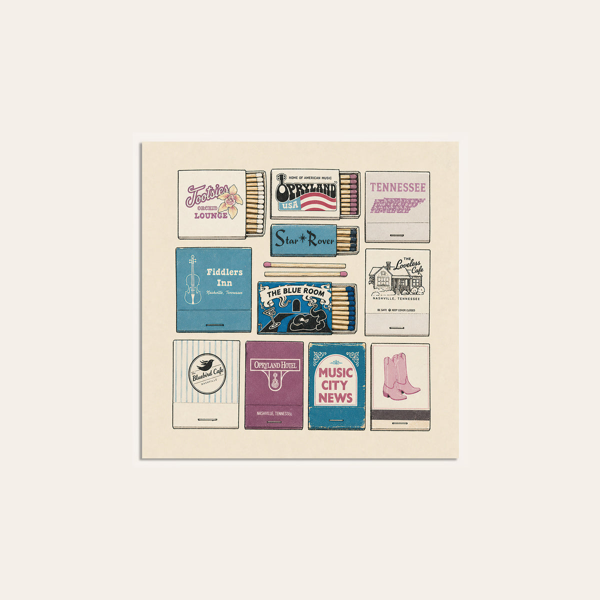 Nashville Music Venue Matchboxes square art print — unframed print
