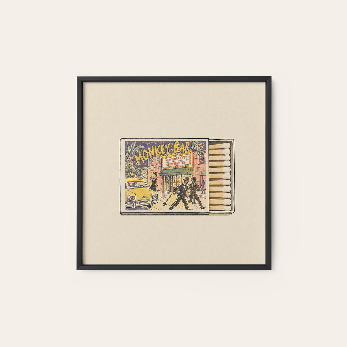 Monkey Bar New York Matchbox square art print — black frame