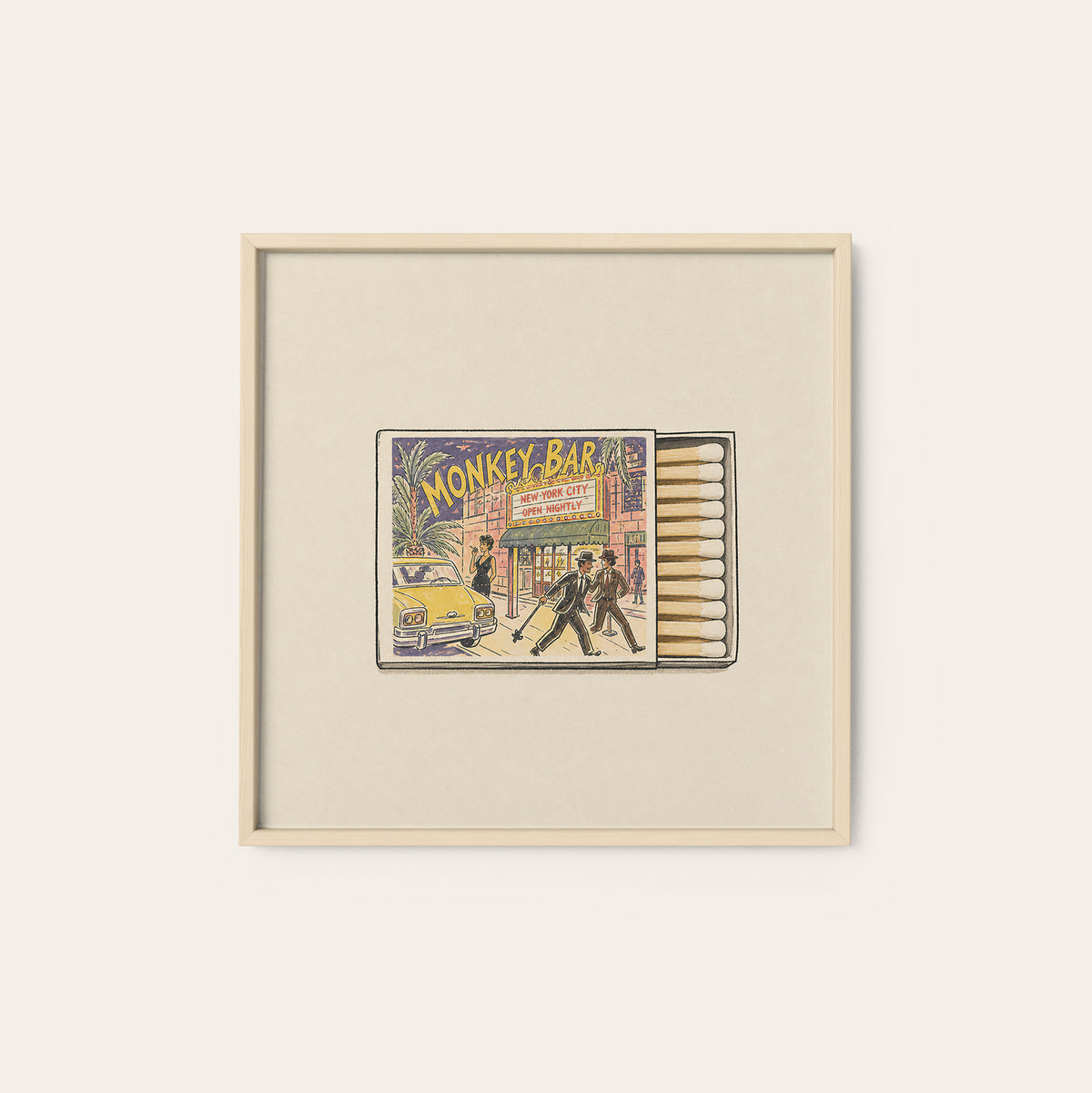 Monkey Bar New York Matchbox square art print — natural wood frame